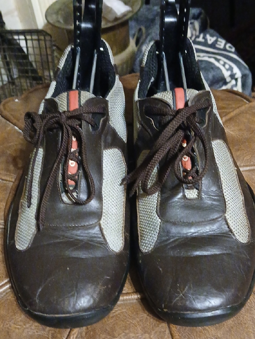 Prada Brown and Beige Mesh Leather Sneakers with Red Accent,mens Sz.9